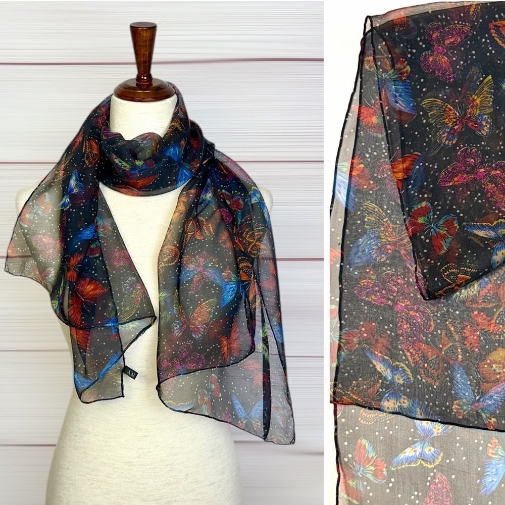 J&X NY Silk Chiffon Oblong Scarf Black Sheer Butterfly Print Hand Rolled 21x56"